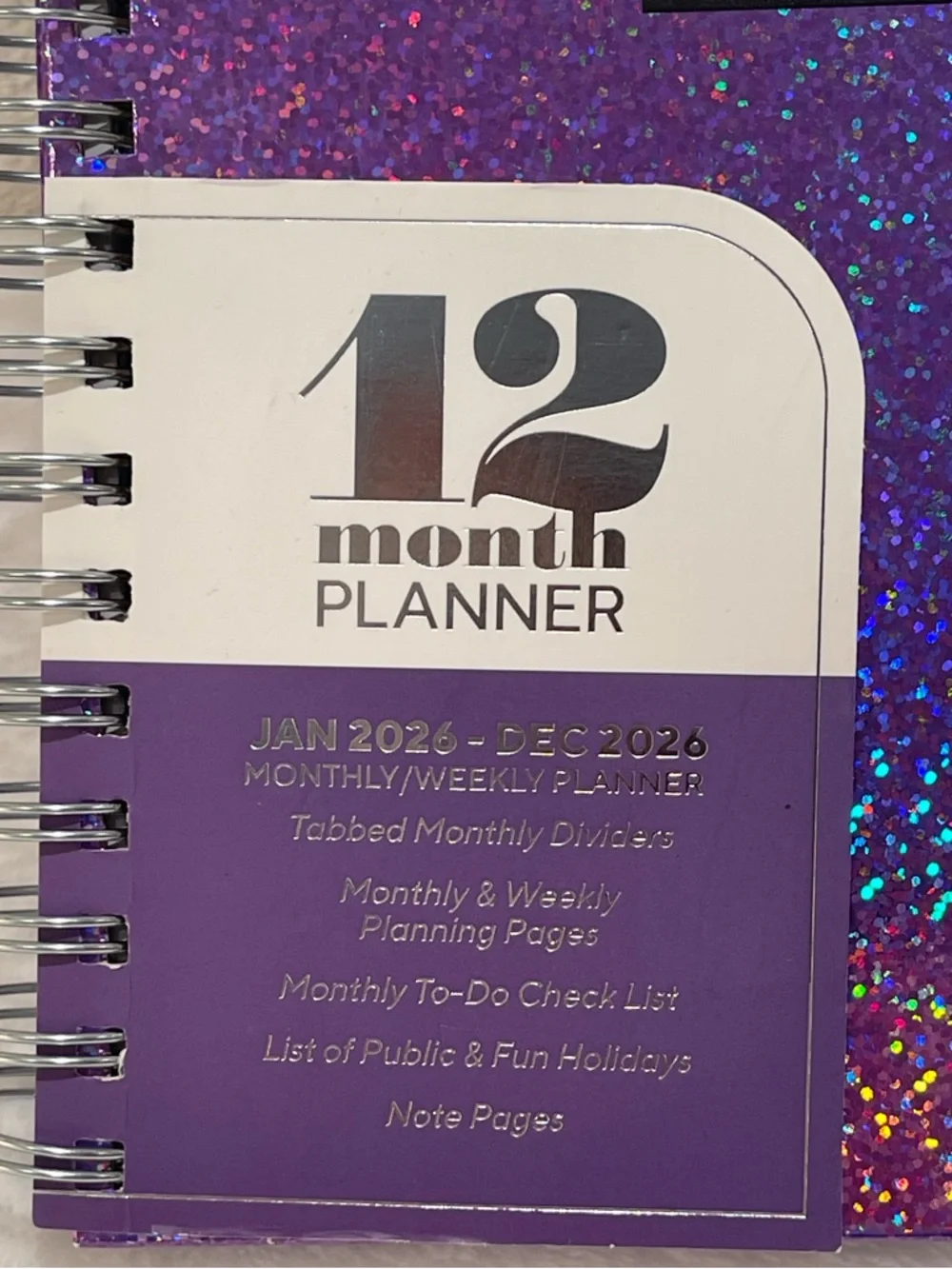Glittery Weekly/12 Month Spiral Planner - JAN to DEC 2026. NWT.